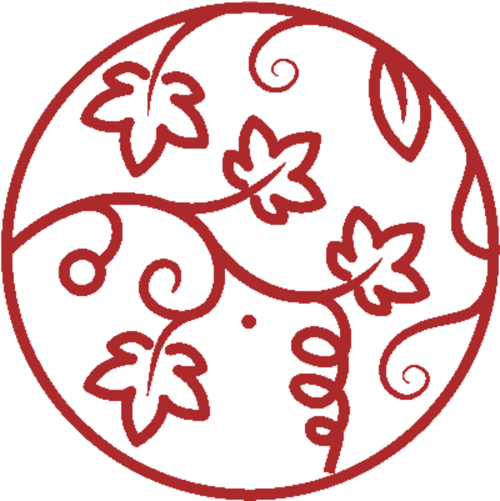 Logo de gîte viticole français La Maison sous les Vignes : motif décoratif de vignes rouges et feuilles de raisin