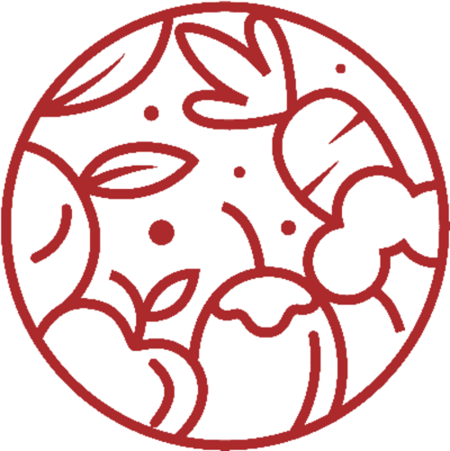 Logo circulaire rouge décoratif avec feuilles et fleurs botaniques pour le gîte viticole La Maison sous les Vignes