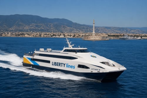 Traghetto Liberty Lines con Vittoria M vicino alla costa di Reggio Calabria e al faro