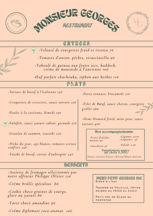 Menu du restaurant Monsieur Georges de Boulogne-sur-Mer proposant entrées, plats et desserts français