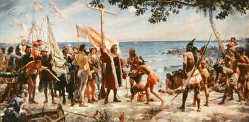 Historical scene of European explorers meeting Caribbean natives on beach, Sainte-Anne Guadeloupe