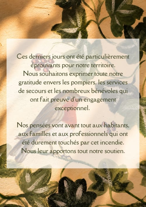 Message de gratitude de l'Auberge du Parc envers les pompiers et services d'urgence de Correns