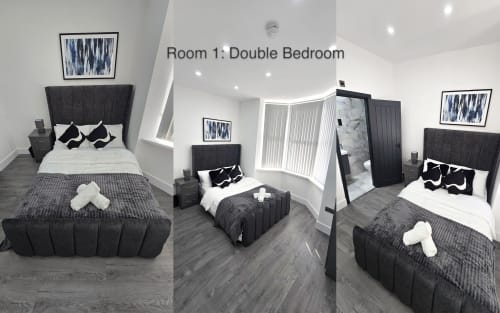 Room 1 Double Bedroom at Entrepreneur Stays cottage in Stafford with twin beds, dark headboards, white pillows, and en-suite