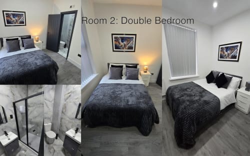 Room 2 double bedroom at Entrepreneur Stays cottage in Stafford with twin beds, marble bathroom, and modern decor