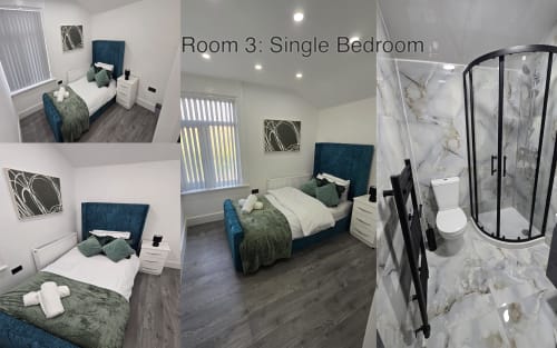 Room 3 Single Bedroom at Entrepreneur Stays cottage in Stafford with blue bed, ensuite shower, and modern furnishings