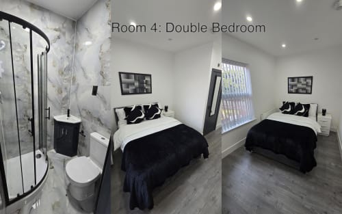 Room 4 double bedroom at Entrepreneur Stays cottage in Stafford with two beds, marble shower, black furnishings and modern
