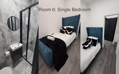 Room 6 single bedroom at Entrepreneur Stays cottage in Stafford with teal bed, white linens, and en-suite bathroom