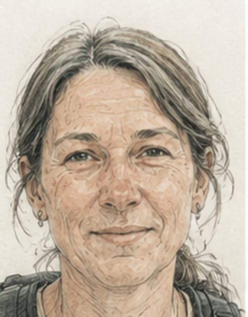 Portrait illustration of a woman with shoulder-length gray hair and a gentle smile at Bom Caminha hostel in Caminha, Portugal