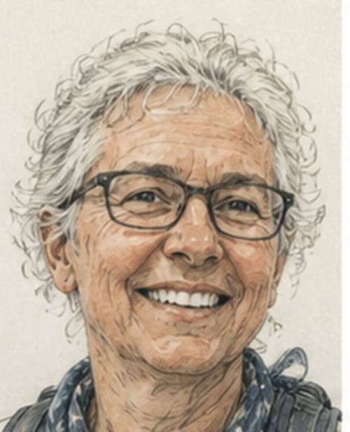 Portrait illustration of smiling man with gray curly hair and glasses at Bom Caminha hostel in Caminha, Portugal