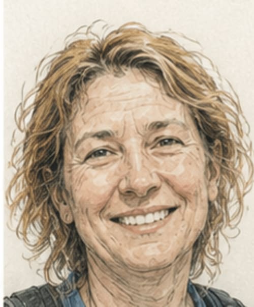 Smiling person with shoulder-length curly hair at Bom Caminha hostel in Caminha, Portugal