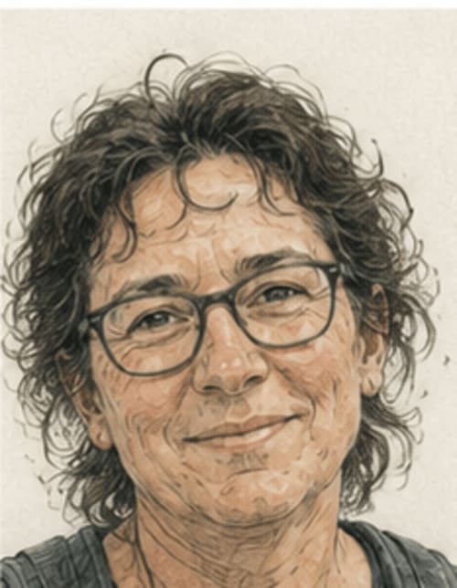 Portrait illustration of a man with curly dark hair and glasses at Bom Caminha hostel in Caminha, Portugal