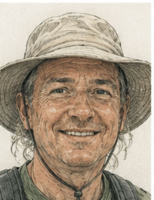 Smiling man in straw hat at Bom Caminha hostel, Caminha Portugal