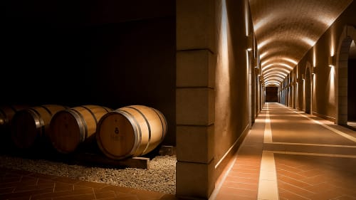 Cantina con botti in legno e arcata illuminata nella Guest House B&B Pellicano di Reggio Calabria