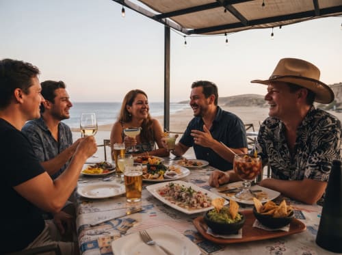 Friends dining at beachfront table under pergola at Vidasoul in La Vinorama, Mexico