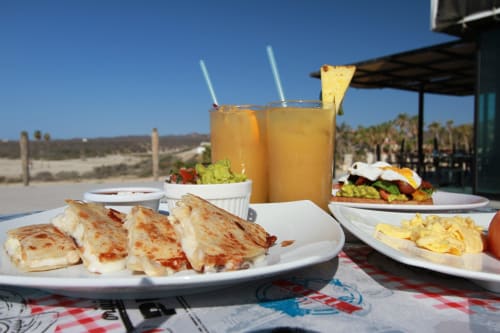 Outdoor lunch at Vidasoul Baja California with grilled quesadillas, fresh salad, and tropical juice overlooking desert