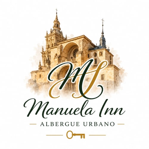 Logo del Manuela Inn Albergue Urbano con catedral dorada y cruces en El Burgo de Osma, Soria