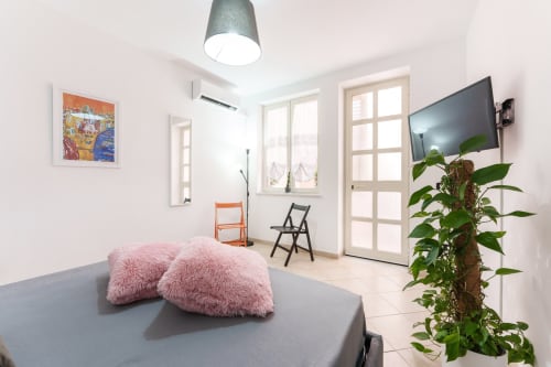 Bright bedroom at Origenes Rooms, Procida with gray bed, pink pillows, TV, plants, and modern amenities