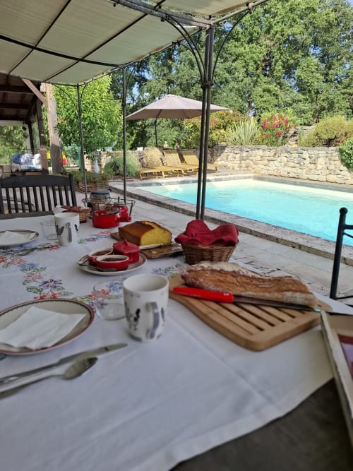 Outdoor breakfast table at Les Gravets B&B in Sigalens with pool view and pergola shade