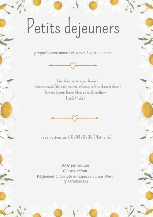 Petits déjeuners menu at Les Cabanes de Sainte Camelle, featuring refreshments, pastries, and fresh fruit