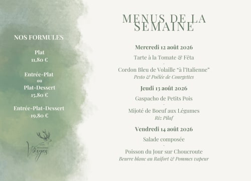 Menus hebdomadaires du restaurant Hôtel Des Vosges à Sommerau, France proposant des spécialités de cuisine française