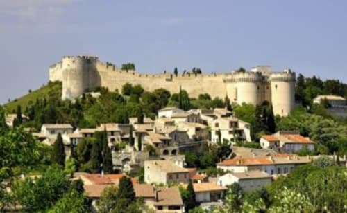 Château médiéval dominant le village historique en pierre avec cyprès, Oriflamme & Travertin, France