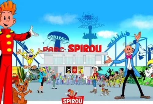 Entrée du parc à thème Spirou avec personnages de bande dessinée et attractions en France