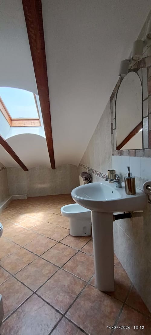 Baño moderno en cabaña de Ona vacaciones, Gandía con lavamanos pedestal, claraboya y suelo de azulejos