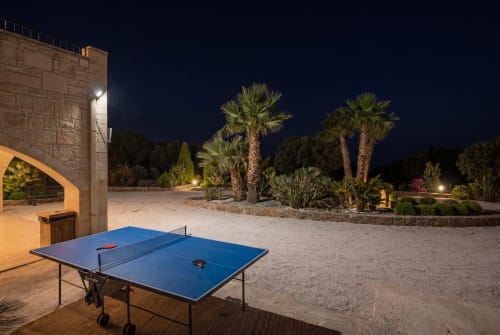 Blue ping pong table on terrace at Villa Freedom, Crete, with palm trees and stone building at night