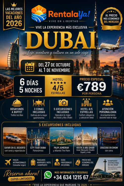 Dubai vacation package 6 days 5 nights 4/5 star hotel €789 per person RentalaYa