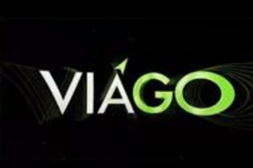 VIAGO logo with glowing green text and arrow design on black background