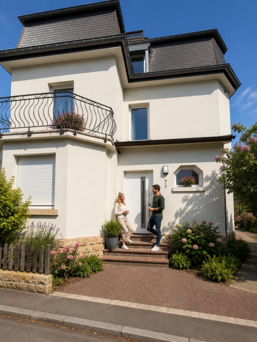 Villa blanche moderne à Metz avec deux clients à l'entrée, jardin paysagé et ciel bleu