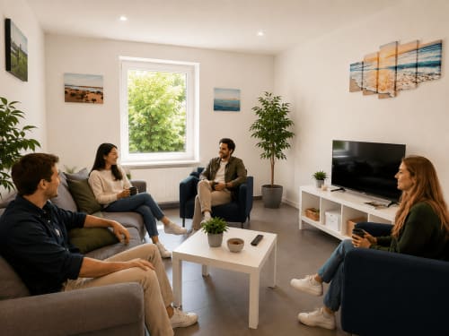 Salon moderne de la Villa55 Mattbnb à Metz où quatre clients discutent confortablement autour d'une table blanche