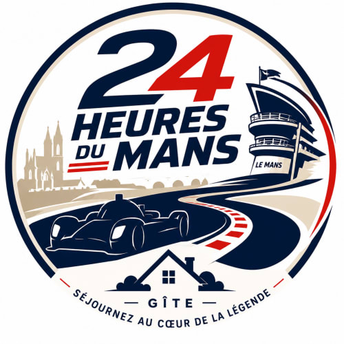 Logo des 24 Heures du Mans avec une voiture de sport, une cathédrale et une tribune près de Courdemanche