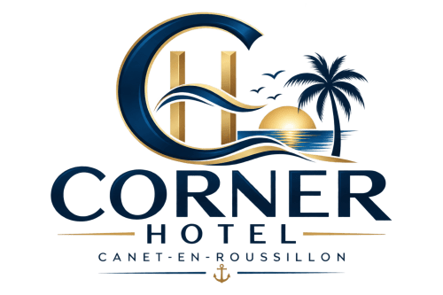 Logo del Hotel Corner Canet-en-Roussillon con diseño costero, palmera y puesta de sol