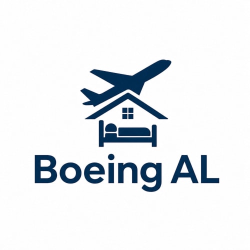 Logo do hotel Boeing AL com ícones de avião e casa com cama em Moreirada Maia
