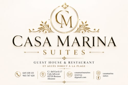 Logotipo y datos de contacto de Casa Marina Suites, alojamiento de lujo, Cala Advocat, Benissa, Alicante