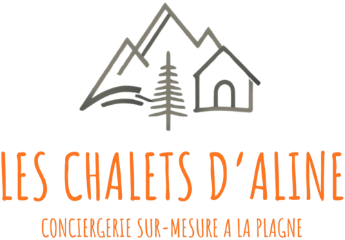 Logo Les Chalets d'Aline : montagnes, chalet et sapin symbolisant l'hospitalité alpine française