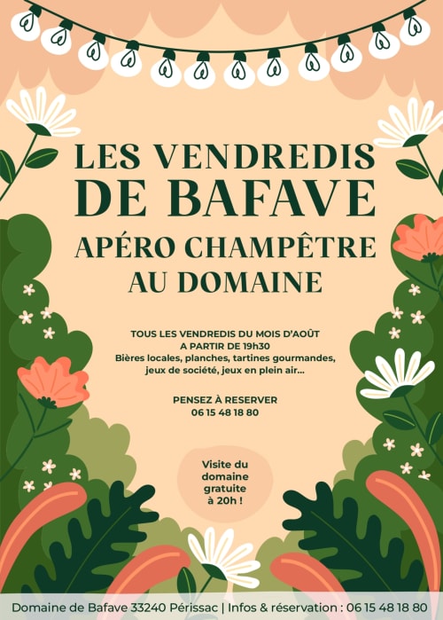 Les Vendredis de Bafave event poster featuring champagne aperitif and local activities at Domaine de Bafave, Périssac