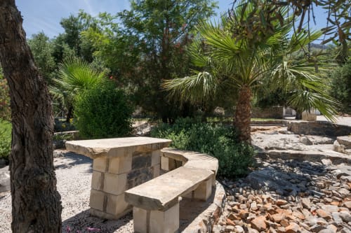 Stone bench under palm trees at Villa Freedom garden in Kokkino Chorio, Crete