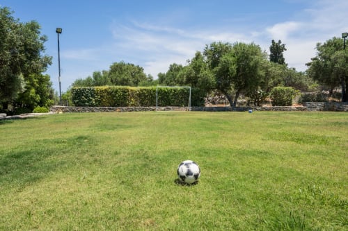 Soccer ball on grass field with goal at Villa Freedom in Kokkino Chorio, Crete