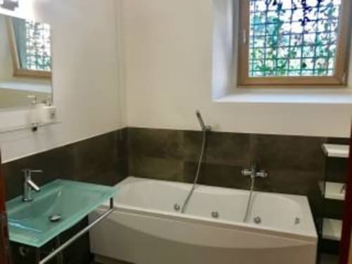 Bagno lussuoso con vasca Jacuzzi, lavabo in vetro, accenti in piastrelle scure e finestre con vista sul giardino ad Appartamento