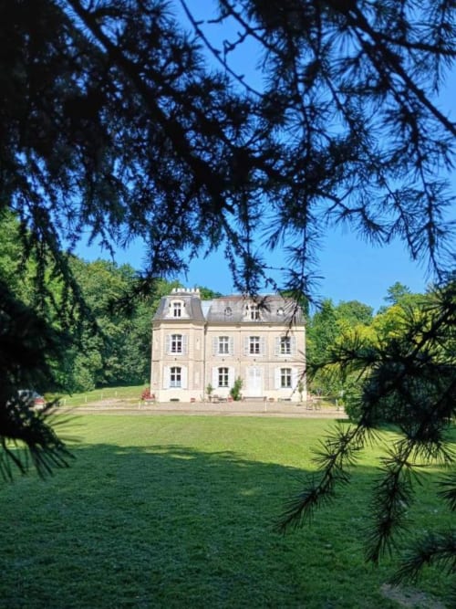 Élégant château de couleur crème aux toits mansardés encadré par des branches de conifères, situé dans un parc aménagé au château de Mons
