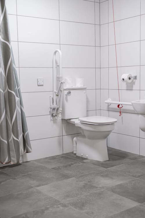 Accessible bathroom with white toilet, grab bars, and grey tile flooring at Madeline's Accommodation in Wicklow