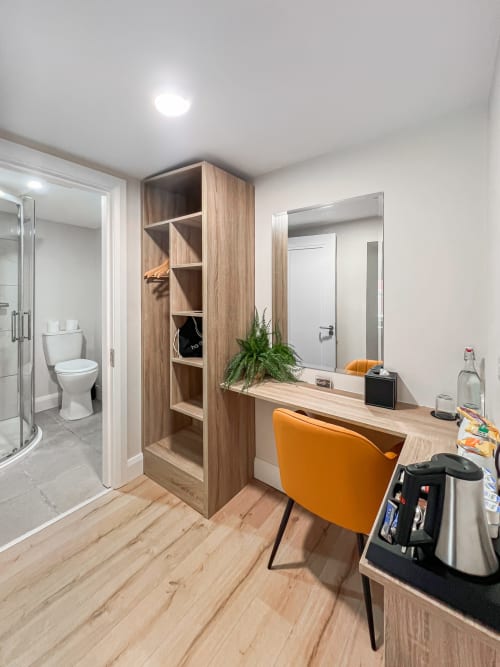Modern Twin Room bathroom at Madeline's Accommodation, Wicklow with wooden vanity, shelving, and shower ensuite