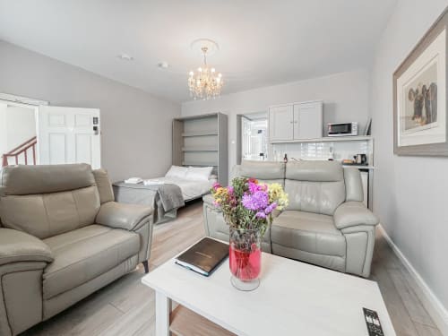 Modern King Studio at Madeline's Accommodation in Wicklow with leather seating, kitchenette, and flowers on white table