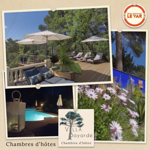 Villa Bayarde, luxueux gîte à Figanières avec terrasses, piscine, parasols, chaises longues et jardins fleuris