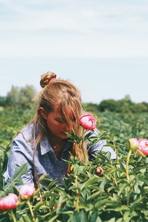 Femme respirant le parfum de fleurs roses dans un champ de campagne près des gîtes de Cormenin, Saint-Hilaire-sur-Puiseaux