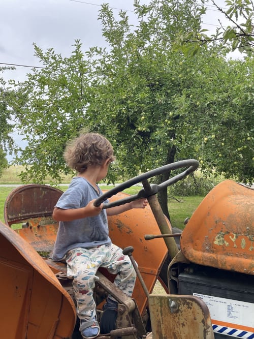 Enfant jouant sur un vieux matériel agricole orange aux gîtes de Cormenin, location rurale en France