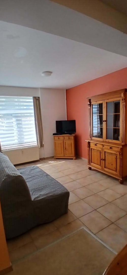 Spacious apartment living room at Les Petits Nids De Nina with orange accent wall, wooden furniture, TV, and city views