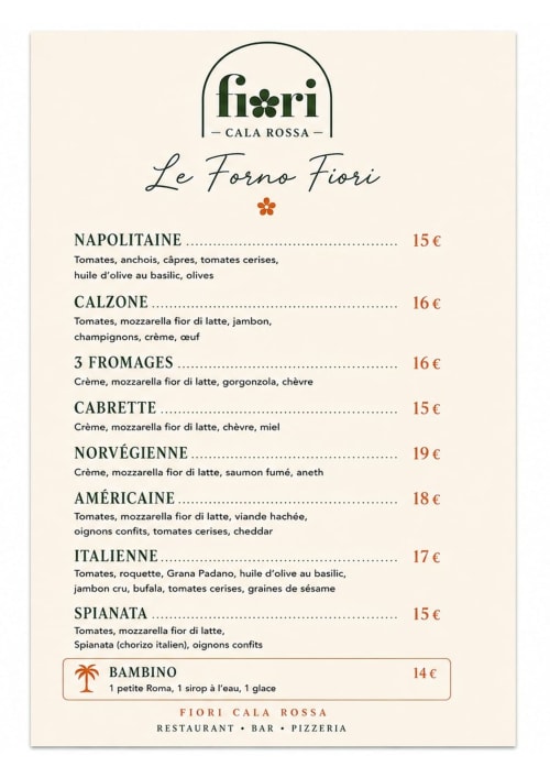 Menu pizzeria Fiori Cala Rossa: Napoletana, Calzone e altre pizze italiane, 14-19€